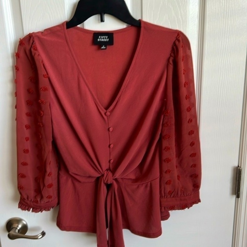 Fifty Street Tie-Front Blouse Swiss Dot Long Sleeve Top Rust Size S